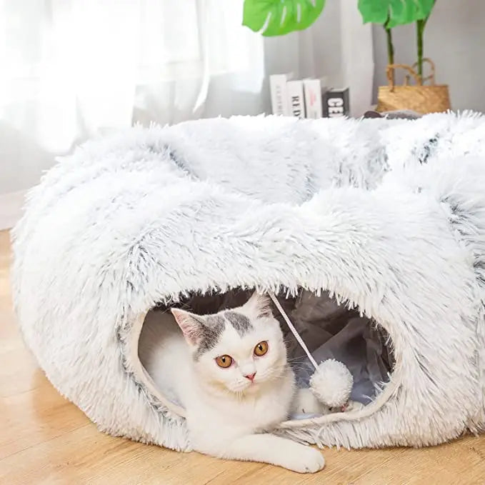 ZMaker Cat Tunnel Bed with Central Washable Cushion for Indoor Cat Kitty Kitten Warm Fluffy Plush Cat Dog Tunnel Bed