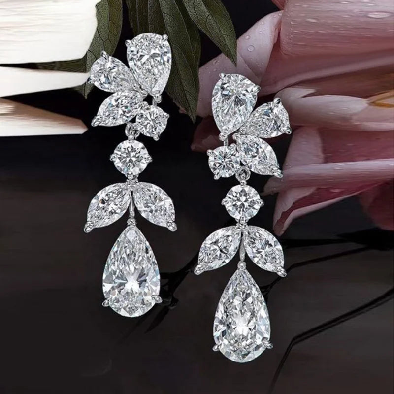 New Classic Flower Dangle Earrings Water Drop Cubic Zircon Design Platinum Plated Women's Accessories Anniversary Trendy Jewelry