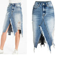 European American Style High Waisted Mid Length Denim Skirt Irregular Tassel Ripped Design Casual Summer Style Pockets Sashes