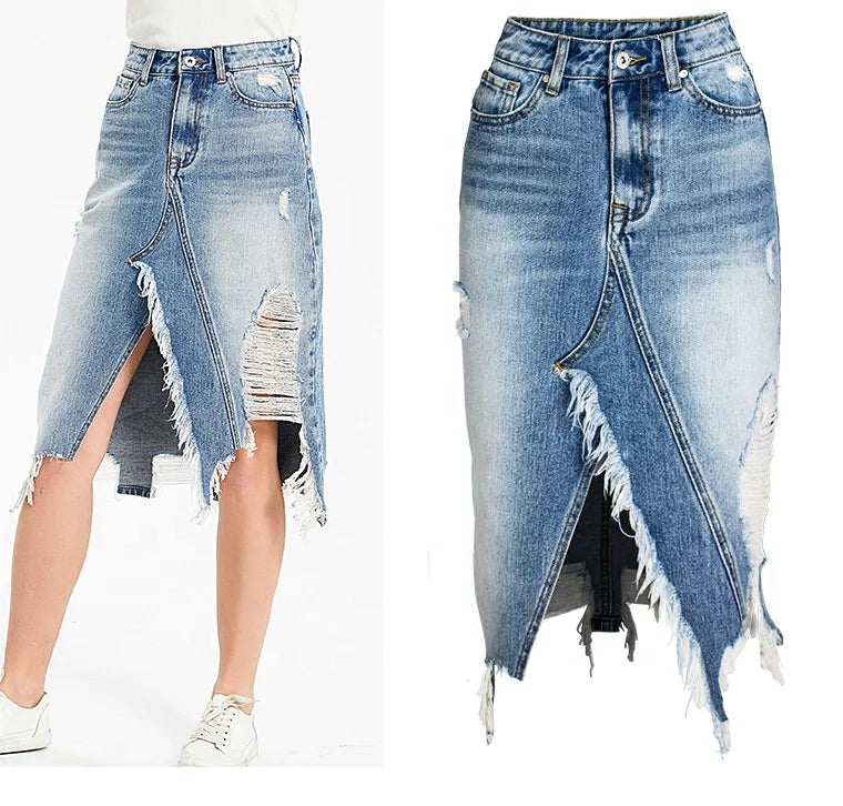 European American Style High Waisted Mid Length Denim Skirt Irregular Tassel Ripped Design Casual Summer Style Pockets Sashes