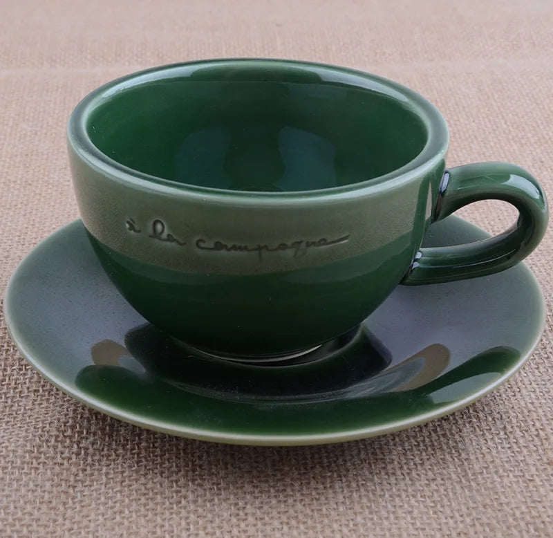 European Retro Style Green Ceramic Coffee Cup Latte Cappuccino Fancy Tea Cups & Saucers