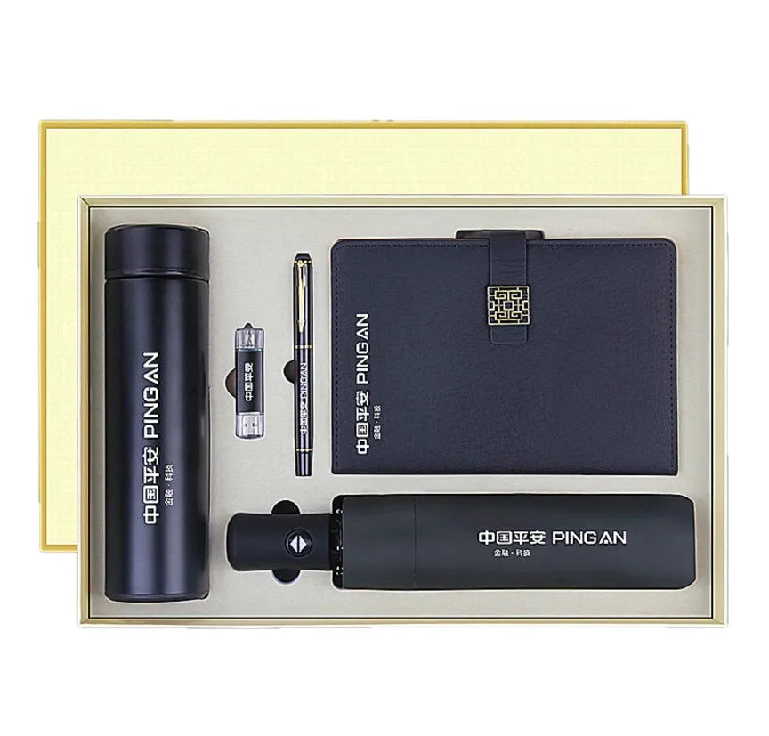 Latest New Product Ideas Auto Umbrella Thermos Notebook Pen & USB Gift Set with Leather and Paper Cover Christmas Gift for Men