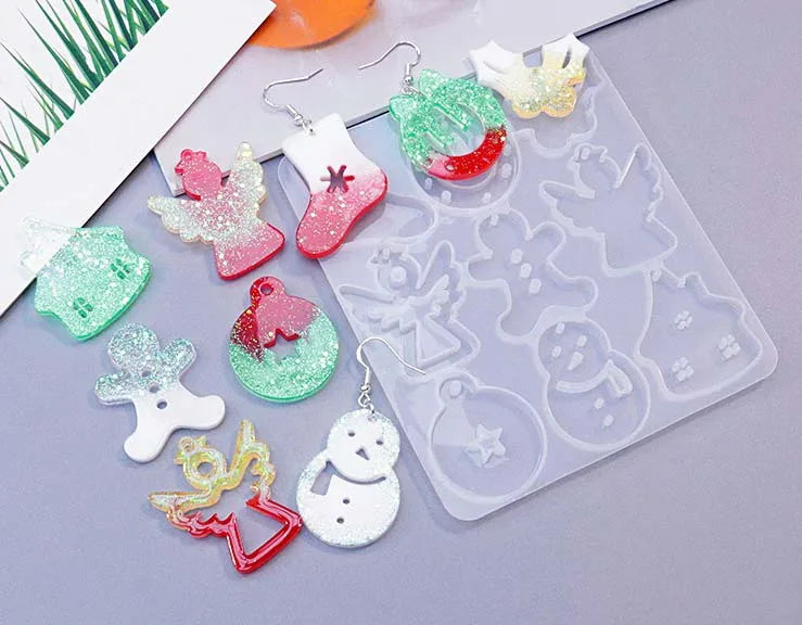 DIY Crystal Dropping Gel Christmas Series Pendant Earring Mold Christmas Tree Snowflake Deer Horn Earrings Silicone Mold