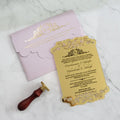 Royal Gold Mirror Acrylic Wedding Laser Cut Pattern Card Text Gold Foil Invitation with Purple Envelopes