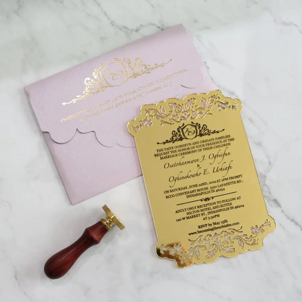 Royal Gold Mirror Acrylic Wedding Laser Cut Pattern Card Text Gold Foil Invitation with Purple Envelopes