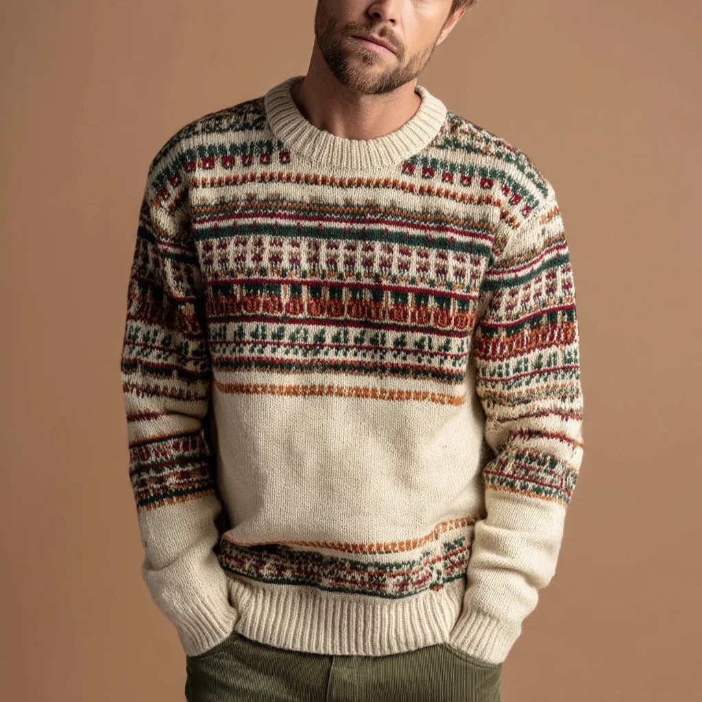 Men's Classic Vintage Fair Isle Pattern Lambswool Sweater Autumn Knitwear Breathable and Anti-Shrink