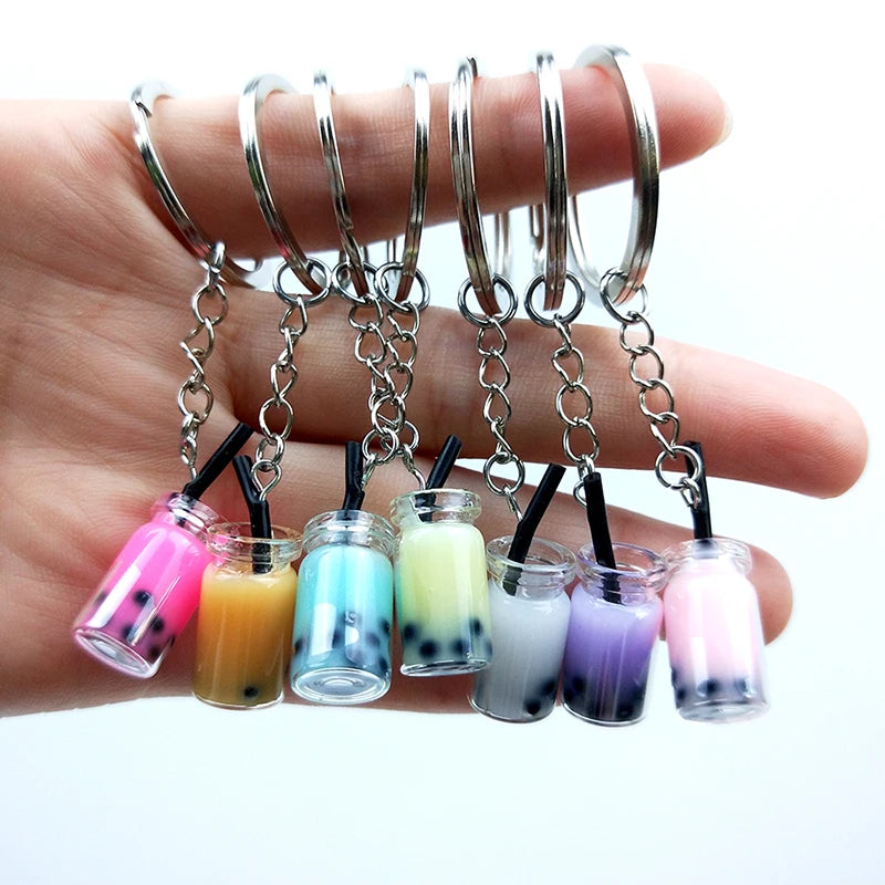 Novel Jewelry Accessories Key Chain Bottle Juice Drink Keyring Resin Pearl Milk Tea Keychain Bag Pendant for Women Girl Gift
