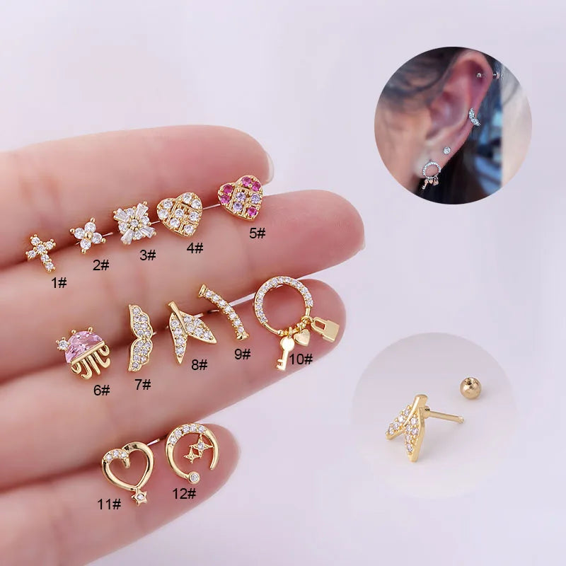 Hengsen Hypoallergenic Stainless Steel Jewelry Cz Cross Heart Flower Ball Back Stud Earring Ear Lobe Helix Cartilage Piercing