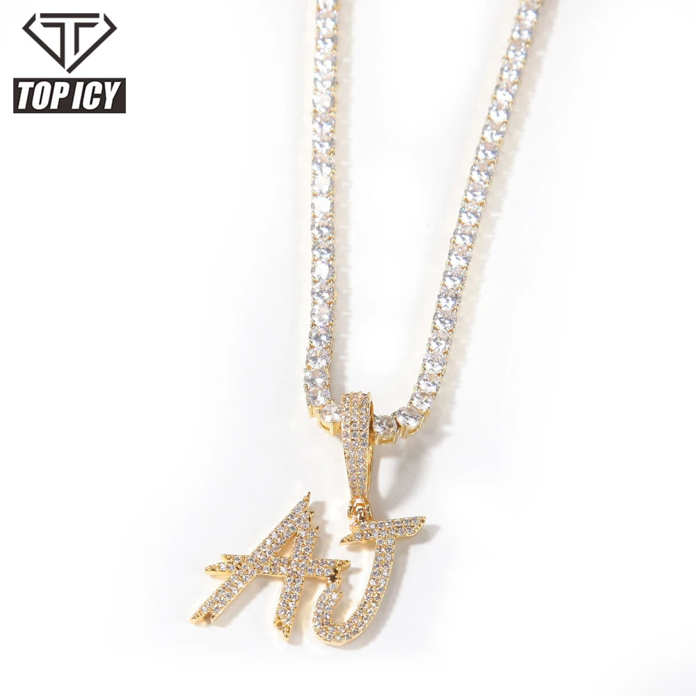 CZ Big Size Brush Font Custom Name Letter Necklace Gold Plated Jewelry Personalized Name Hip Hop Iced Out Jewelry
