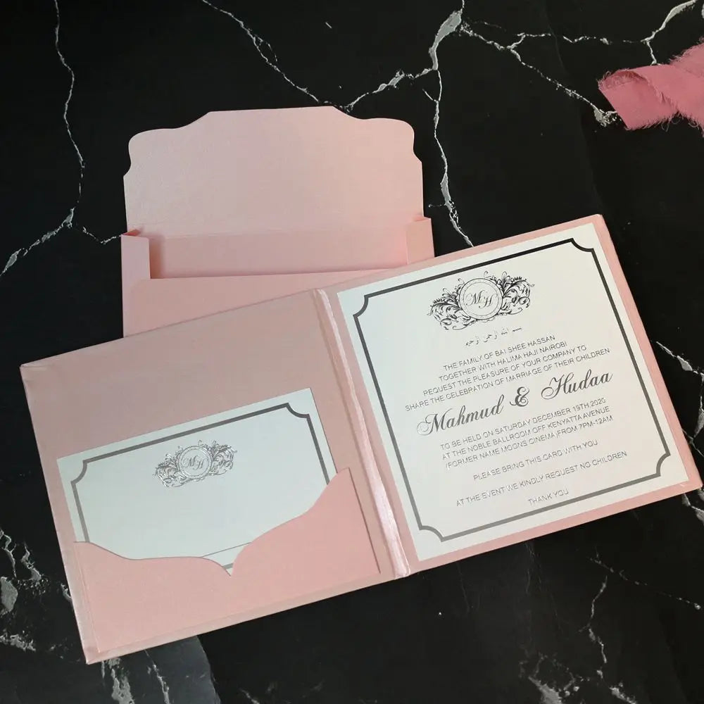 Elegant Hardcover Wedding Invitation Pink Color with Custom Printing