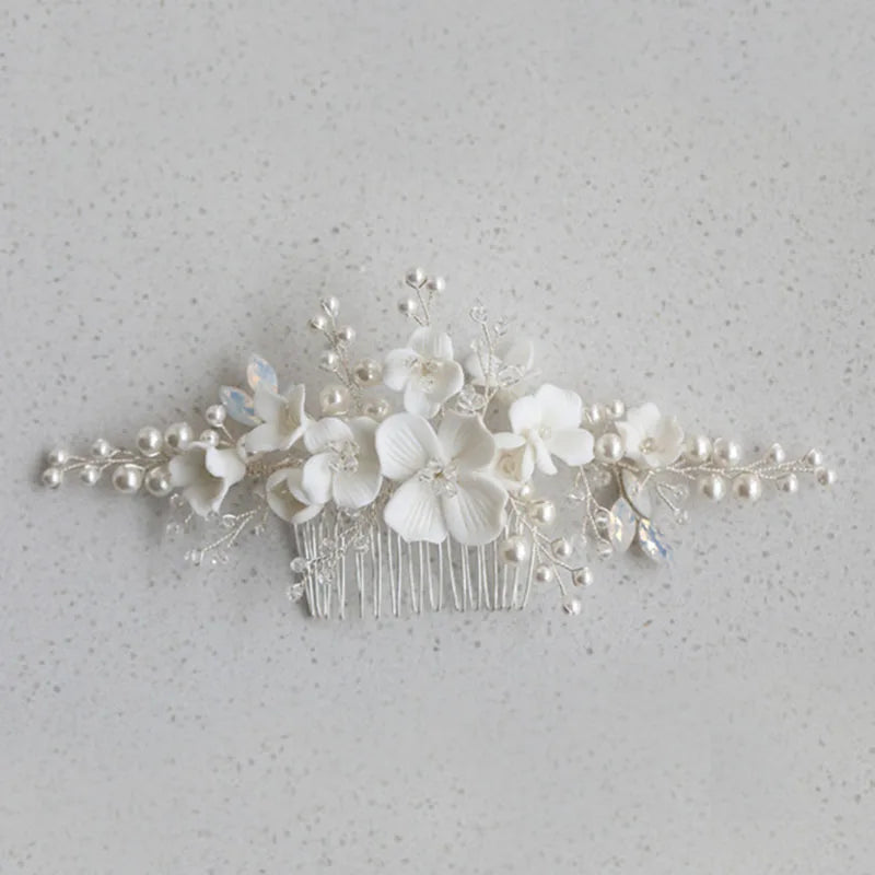 SLBRIDAL Handmade Alloy Leaf Crystal Rhinestones Porcelain Flower Pearls Bridal Hair Comb Wedding Hair Accessories Women Jewelry
