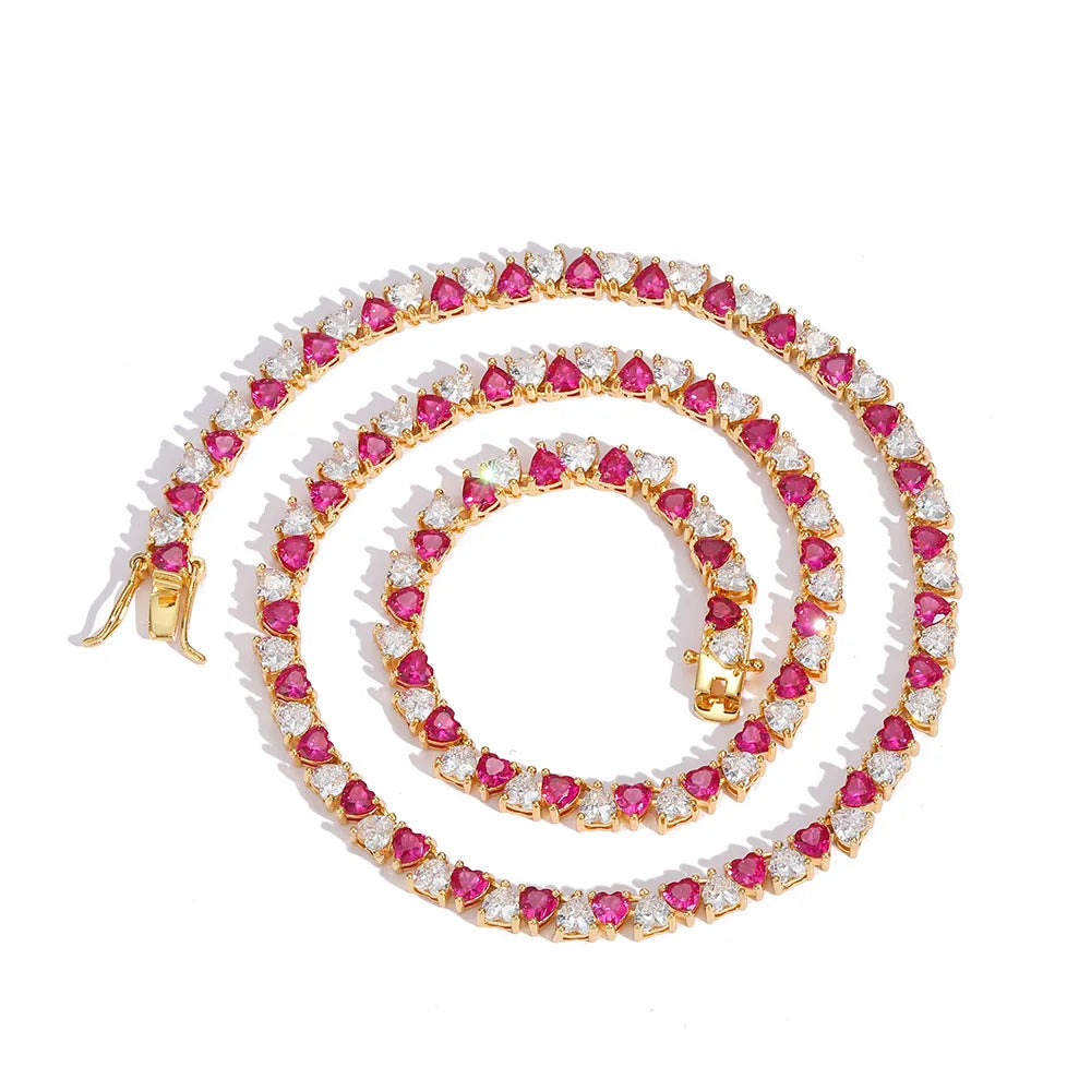 Fashion Pink Heart-shaped Zircon Tennis Necklace Iced Out Cz Strand Chain Choker Jewelry for Women Men Party