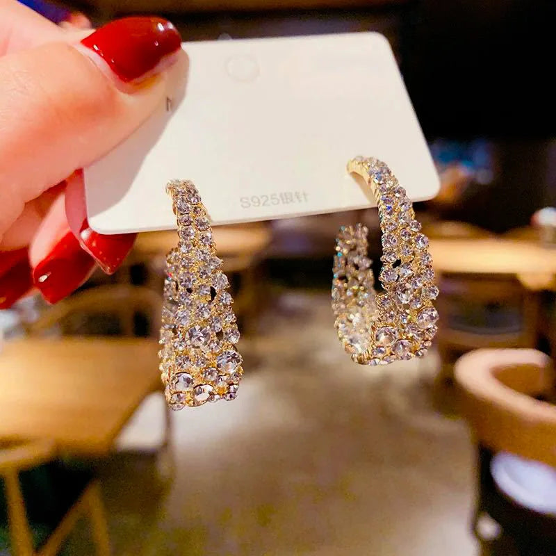 S925 Silver Needle Earrings Personality Geometric Gold Statement Full Diamond Bling Rhinestone Round Circle Crystal Earrings