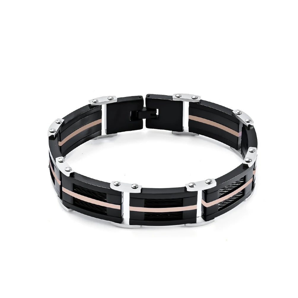 Alin Chic Flair Black Links Interspersed with Rose - Gold - Toned Stripes  Bracelet 316l Stainless Steel Jewelry for Men Unisex