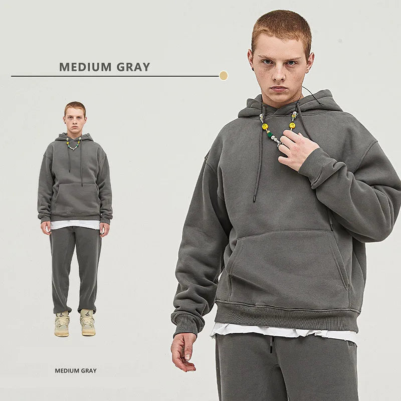 Fashion Forward Unisex 345G Blank Hoodies Set Custom logo Street Style Loose Fit Comfortable Cotton Casual Hoodies Set