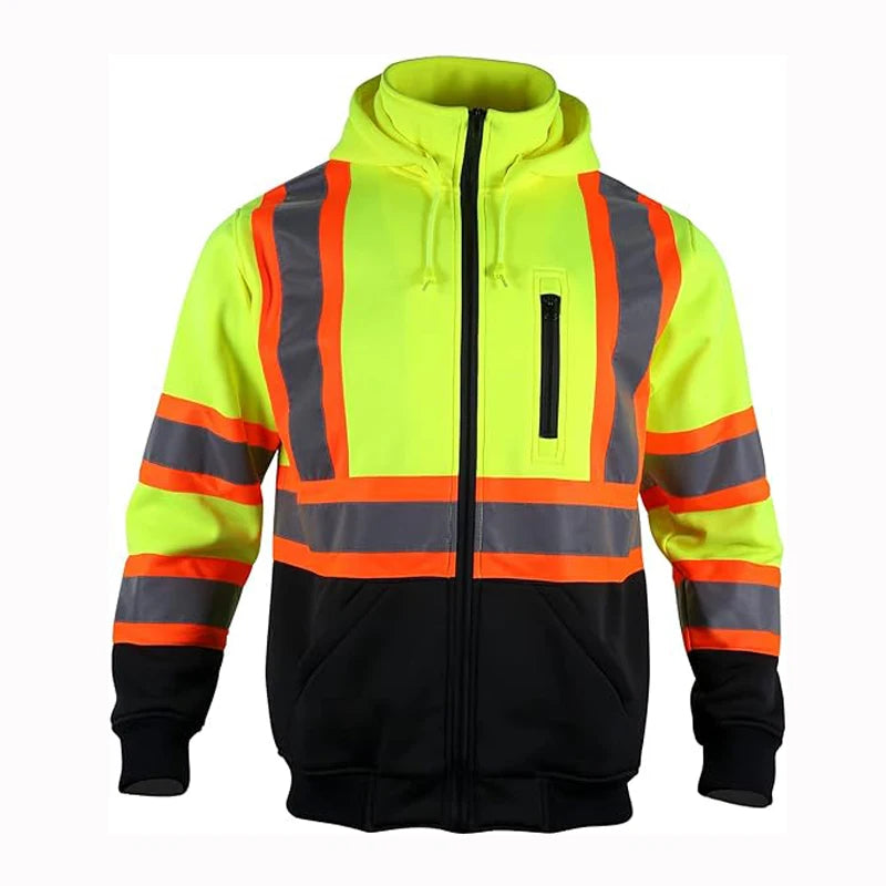 High Visibility Safety Sweatshirts Zip Closure Fleece Safety Jacket ANSI Jackets Detachable Reflective Work Hoodies