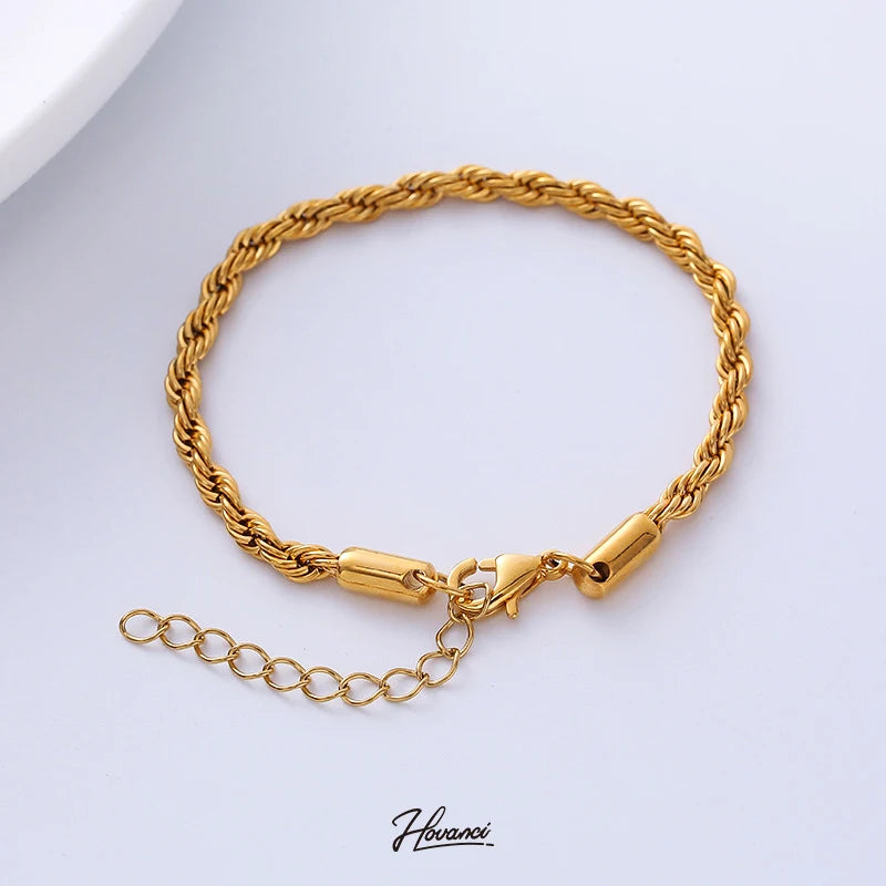 HOVANCI Trendy 4mm Twisted Cable Chain Bracelet Jewelry 18k Gold Stainless Steel Rope Chain Bracelet for Women Accessories