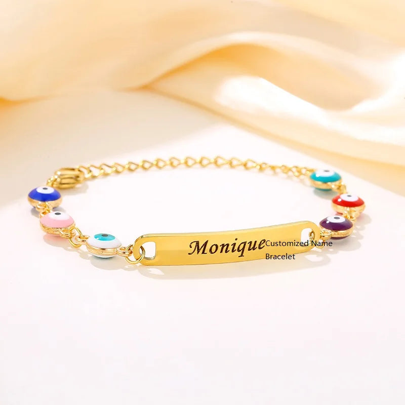 Customized Engraved Bar Bracelet Enamel Eye Chain Bead Chain Linked Name Engraved Friendship Bracelet