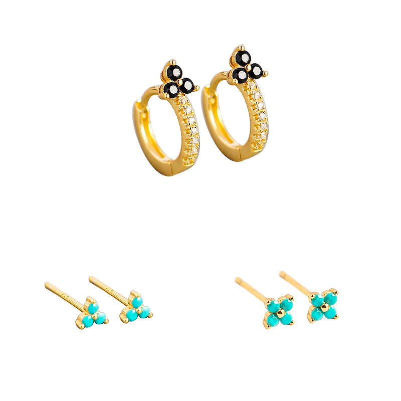 Tiny Hoop Flower Studs Zircon Clover Earrings