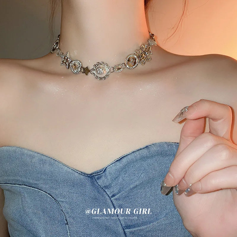 Women Punk Style Metal Necklace Star Creative Chain Personality Button love Heart Collar Necklace Choker