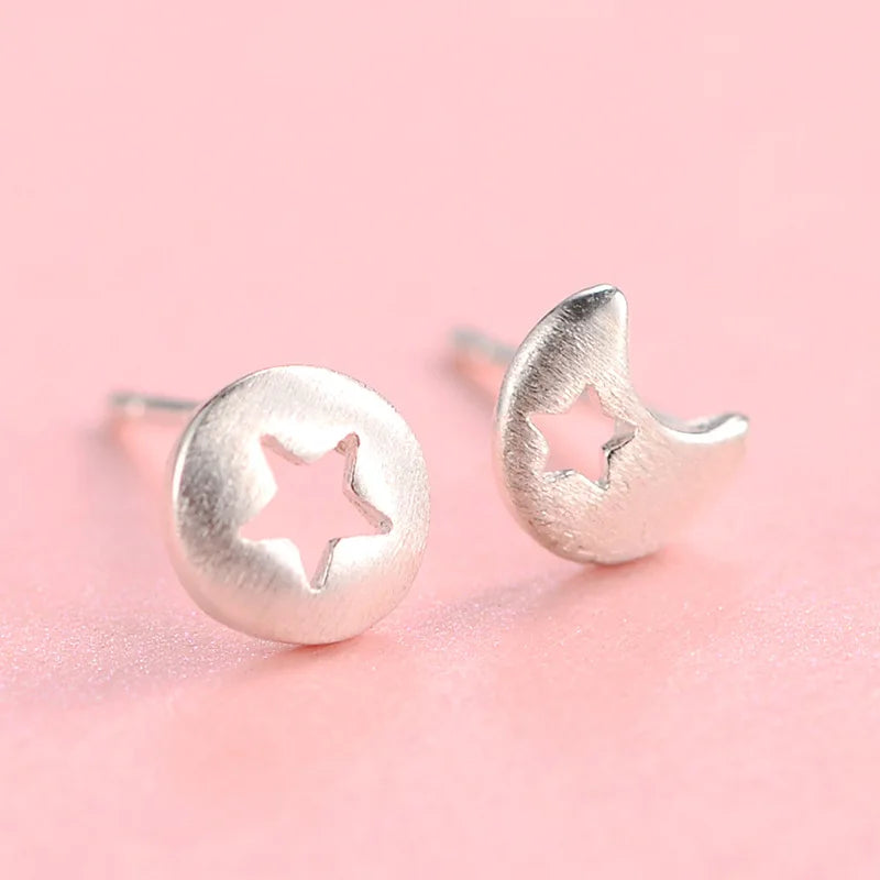 S925 Sterling Silver Women's Joker Earrings Cute Korean Star Moon Hollow Design for Wedding Anniversary & Party