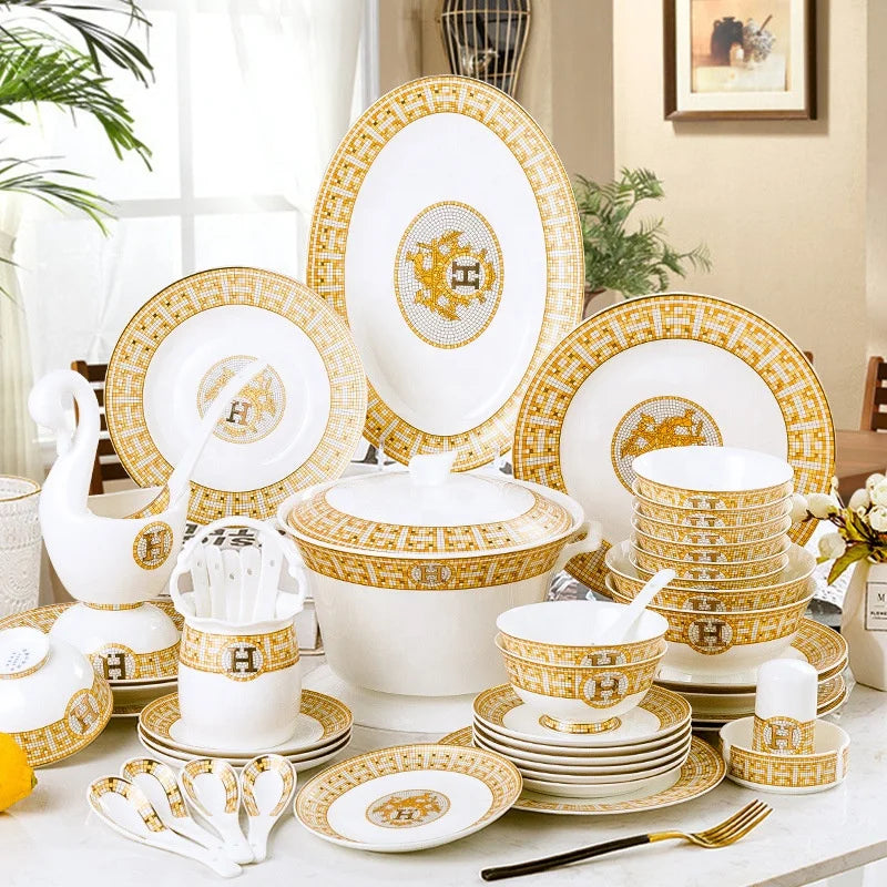 Jingdezhen Best Selling 60 Pcs Golden Mosaic Bone China Tableware Set Modern Western Eco-Friendly Porcelain for Breakfast Hotels