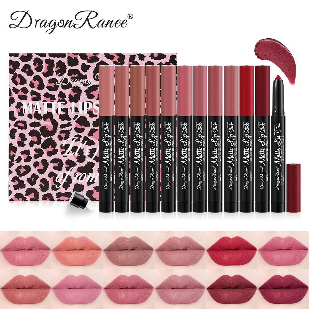 Dragon Ranee 12-color Set of Box Lipstick Pen Matte Velvet Foggy Lipstick Pen with Pencil Sharpener Automatic Lip Pencil Set