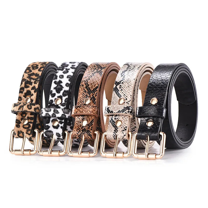 Women Fashion Snakeskin Leopard Print PU Leather Dress Jeans Waist Belt for Girls and Ladies Gold Color Pin Buckle