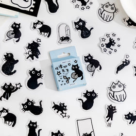 45 Pcs Cute Small Black Cat Decorative Boxed Stickers Set Kawaii Little Kitten Decorative Stickers for Scrapbooking Kid Diy Arts