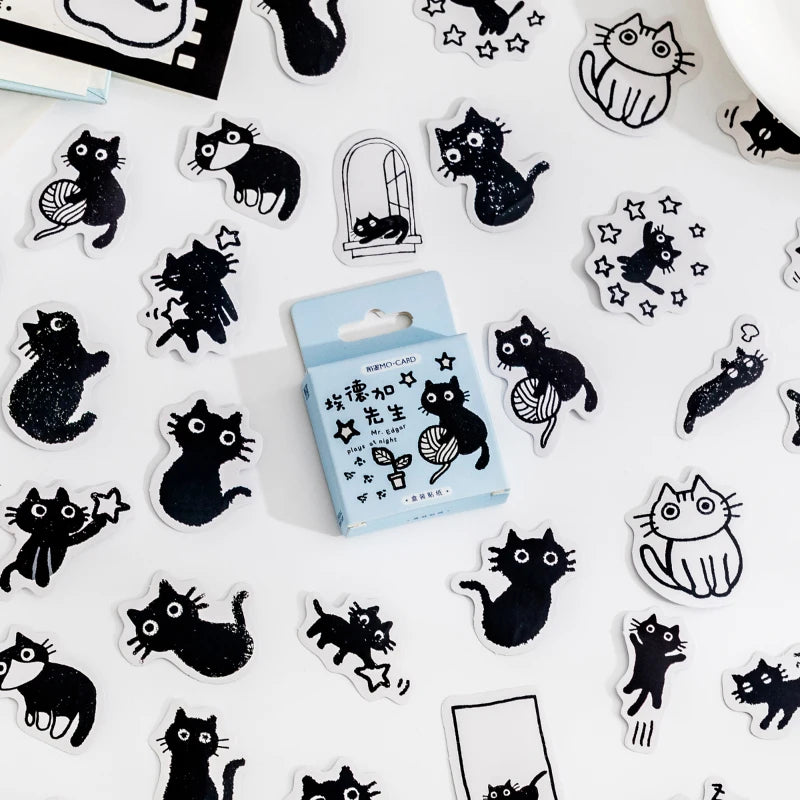 45 Pcs Cute Small Black Cat Decorative Boxed Stickers Set Kawaii Little Kitten Decorative Stickers for Scrapbooking Kid Diy Arts