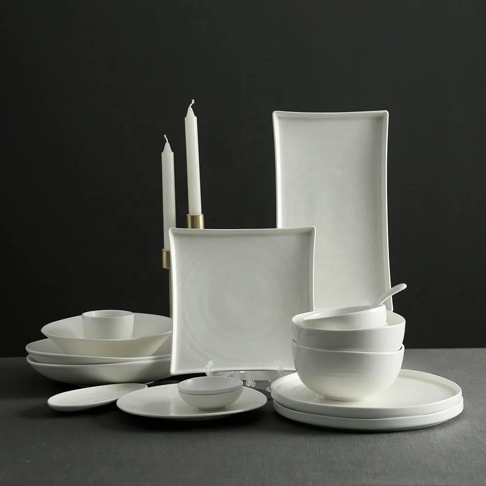 Wholesale Restaurant Crystal White Ceramic Tableware Porcelain Serving Dinner Bowl Dishes and Plates Sets Dinnerware