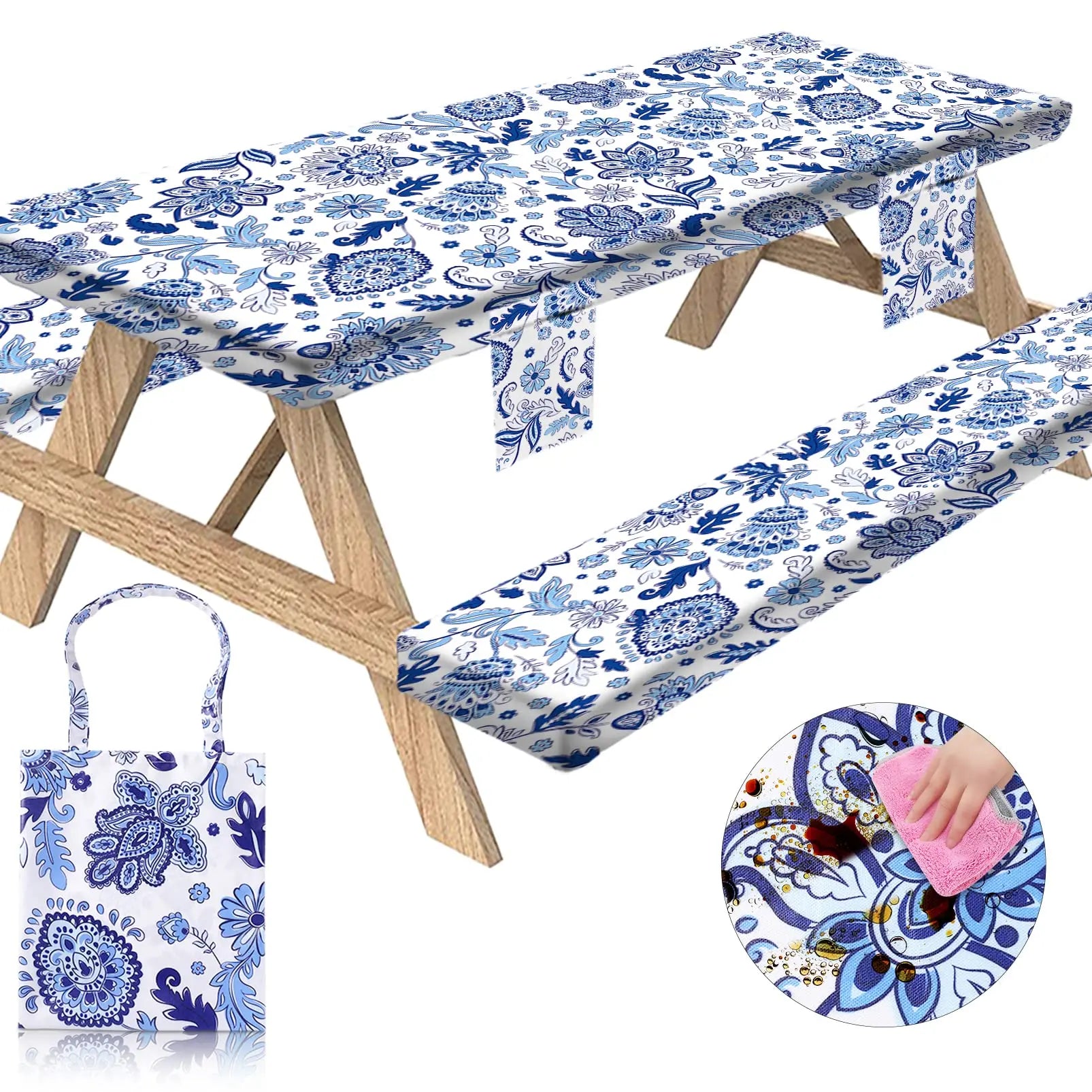 Waterproof 3pcs Elastic Rectangular Printed Oilproof Fabric Tablecloth Set Woven Technics for Camping Picnics Parties