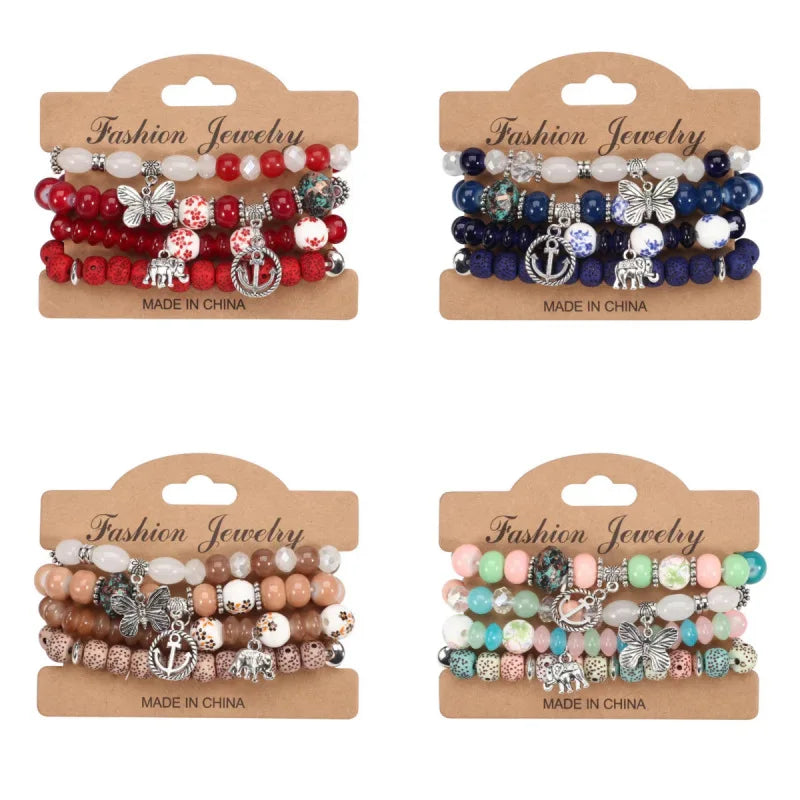 YL European American New Handmade Alloy Bohemia Unisex Bracelet Butterfly Anchor Elephant Pendant Multi-layer Beaded Wholesale