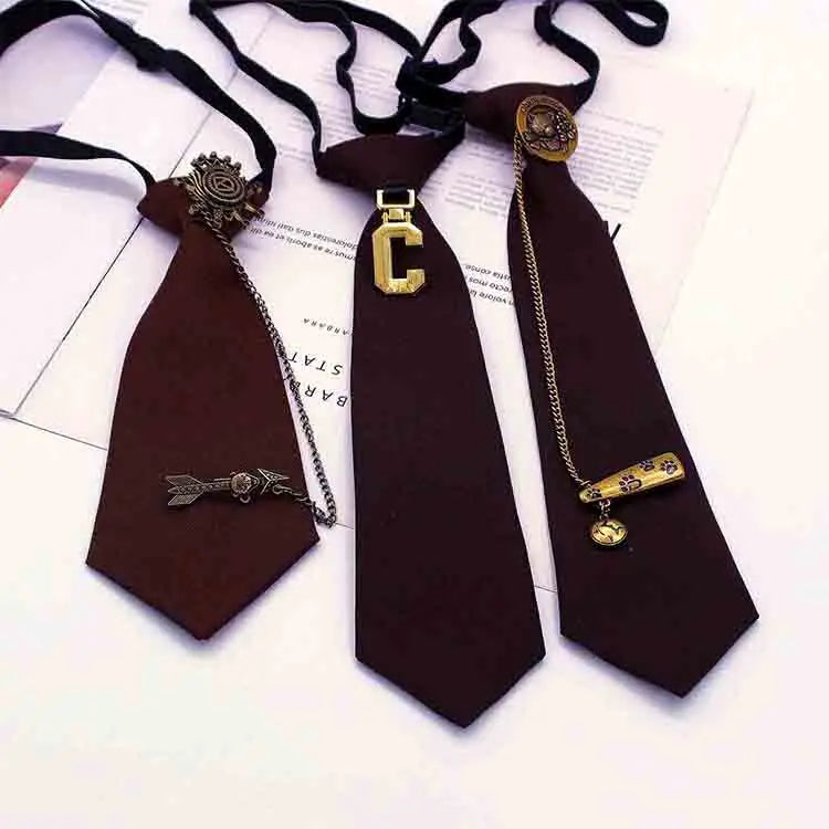 Retro Brown Elastic Knot-Free White Shirt Bow Tie for Ladies Versatile University-Style with Trendy Striped Pattern Accessory
