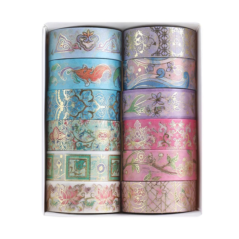 Retro Floral Series Adhesive Paper DIY Hand Account Sticker 12 Pcs Bronzing Washi Tape Set