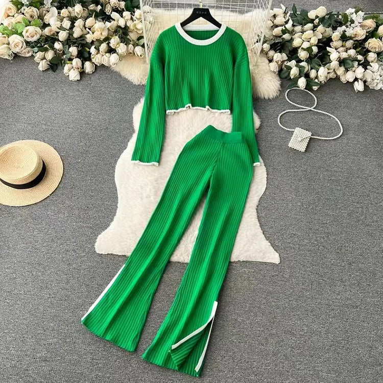2024 New Temperament Suit Contrast Color Knitted Top Long Trousers Two Piece Set