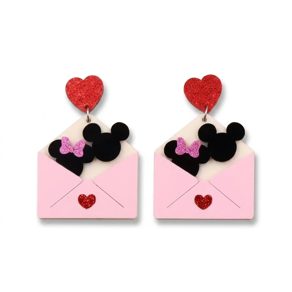 Custom Romantic Cartoon Envelope Acrylic Earrings Wholesale Pink Heart Mouse Dangle Jewelry for Valentine Gift DDP