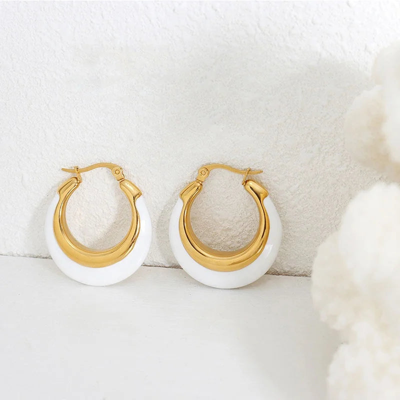 Hypoallergenic PVD 18k Gold Plated Stainless Steel Circle Chunky White and Black Enamel Fashion Dainty Earrings for Women