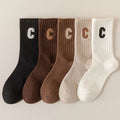 Wholesale Comfortable Cotton Ribbed Crew Socks for Women Black White Brown Letter C Embroidered Socks Breathable MOQ 3 Pairs