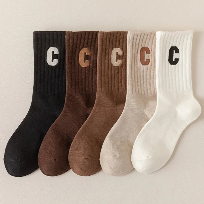 Wholesale Comfortable Cotton Ribbed Crew Socks for Women Black White Brown Letter C Embroidered Socks Breathable MOQ 3 Pairs