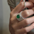 Geometric Vintage 100% 925 Sterling Silver Wide Chunky Green Agate Inlay Finger Rings for Women Party Fine Jewelry