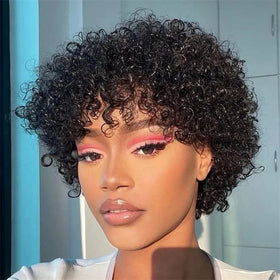 No Lace Pixie Cut Curly Human Hair Wigs With Bangs Full Machine Made Glueless Short Curly Pixie Cut Wigs for Black Women