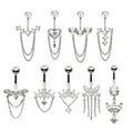 Hot Selling With Chain Body Piercing Jewelry Stainless Steel Inlaid Zircon Flower Long Tassels Belly Piercing Hanging Navel Ring