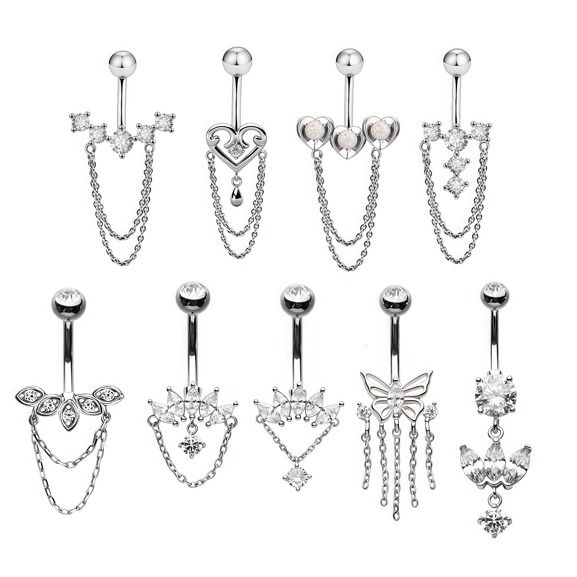 Hot Selling With Chain Body Piercing Jewelry Stainless Steel Inlaid Zircon Flower Long Tassels Belly Piercing Hanging Navel Ring