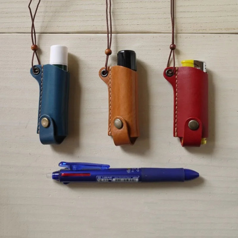 Multi-funcion School Lipstick Case Genuine Leather Pen Clipper Lighter Holder Pencil Hanging Lanyard