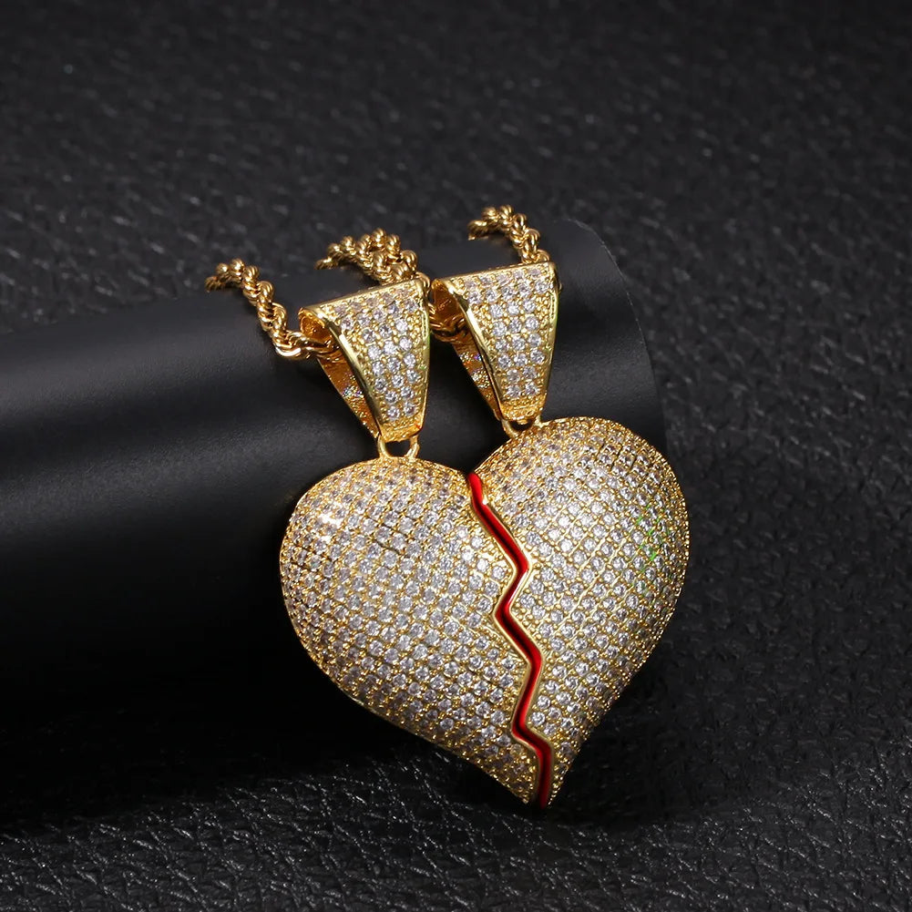 Hot Sale Jewelry Broken Heart Pendant Necklace Full Iced Out Broken Heart Pendant Necklace for Women Men Gifts