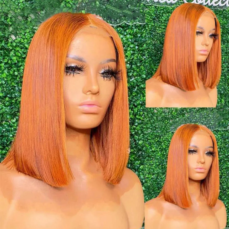 Discount Deal Orange Ginger Bob Full Virgin Cuticle Aligned Human Hair Transparent HD Lace Front Wigs