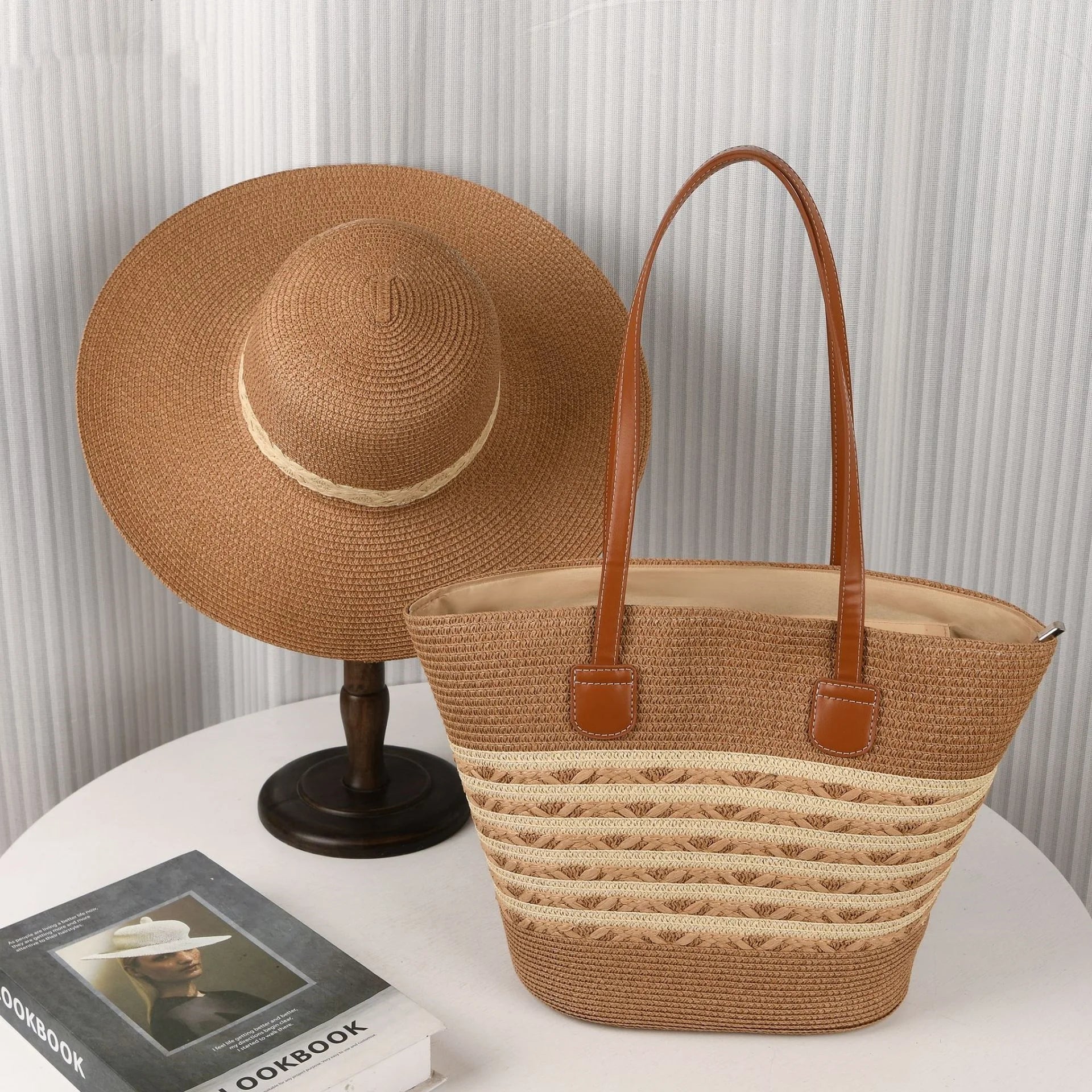 Wholesale New Two Pieces Set Outdoor Beach Travel Paper Floppy Straw Hat Large Capacity Paper Bag Big Brim Sunshade