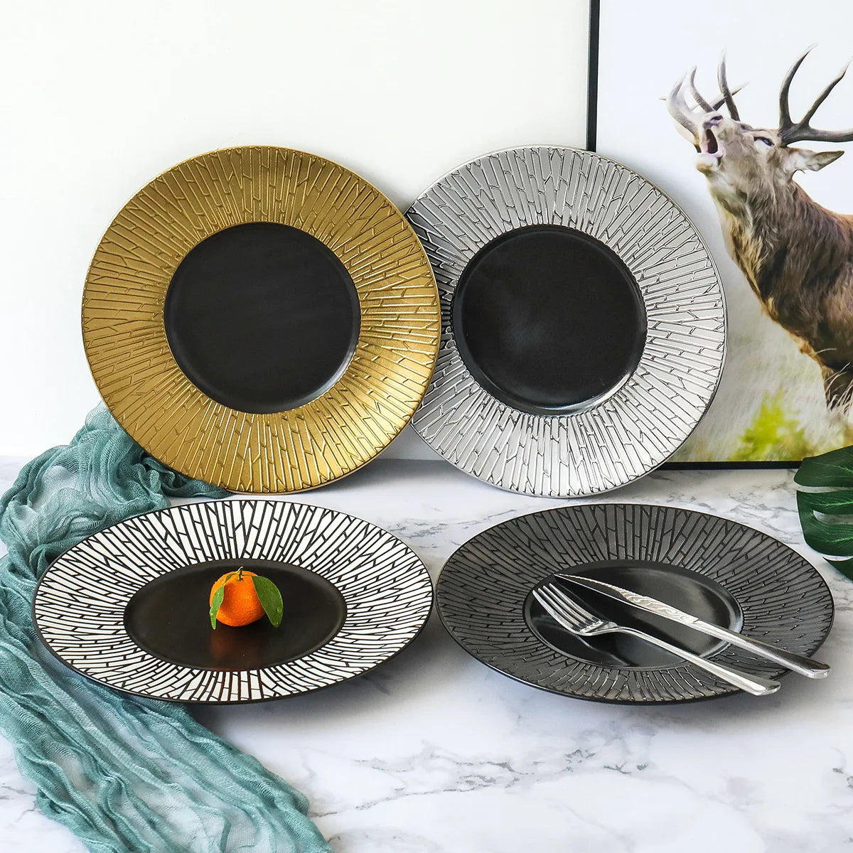 Nordic Luxury round Ceramic Steak Plate Creative Plating in Gold and Silver Pack for Hotel Restaurant Wholesaling