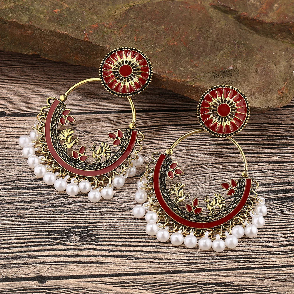 Bohemian Vintage Pearl Tassel Drop Dangle Earrings for Women Enamel Flower Earrings Party Jewelry Gift (KER826)